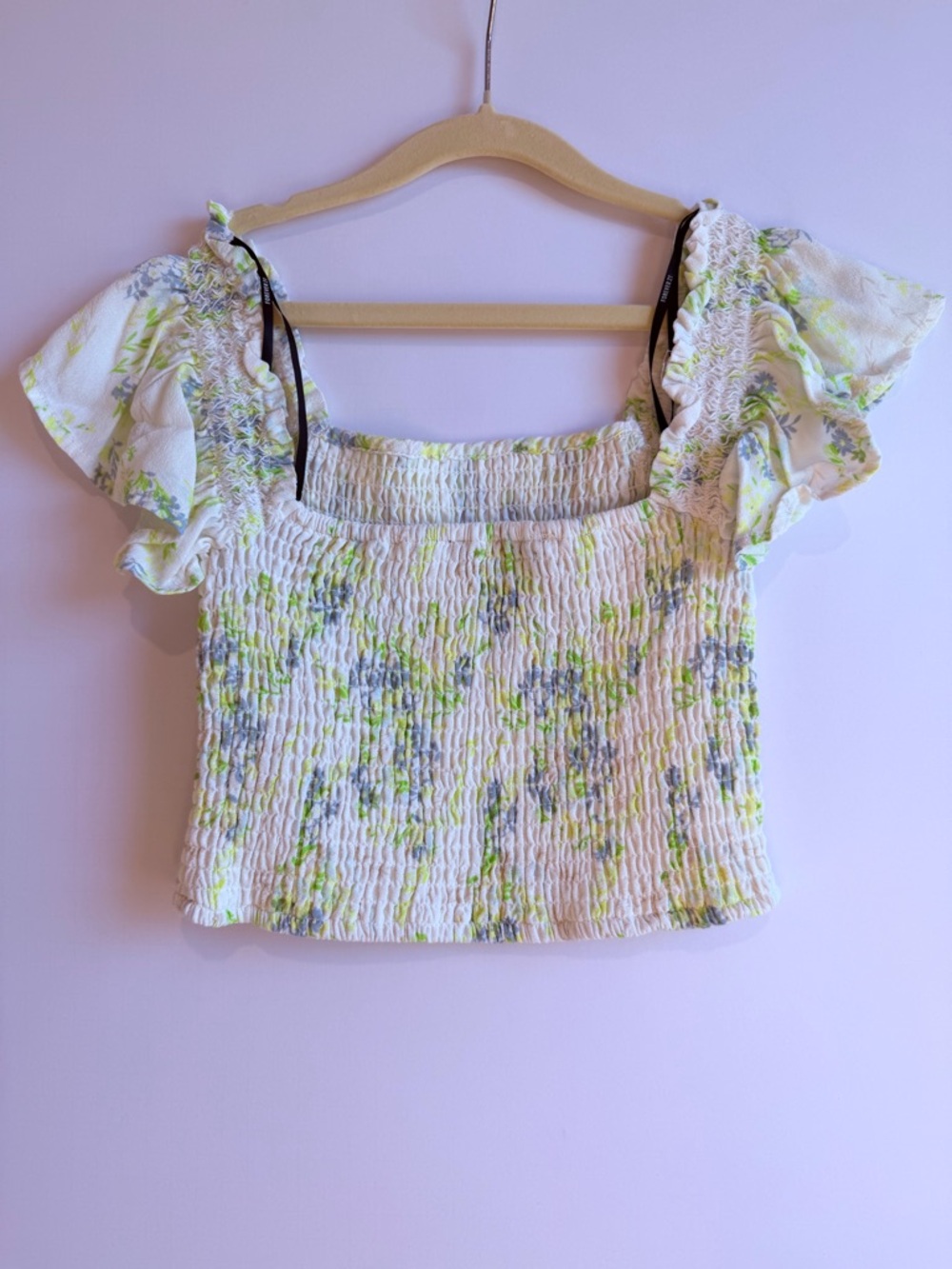 Forever 21 White Crop Top with Lime and Gray Floral Print